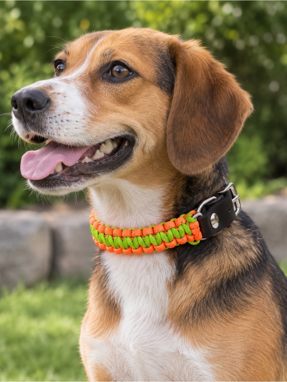 Handmade Reflective Paracord Dog Collar, Leather Adjustable Neon Green Orange